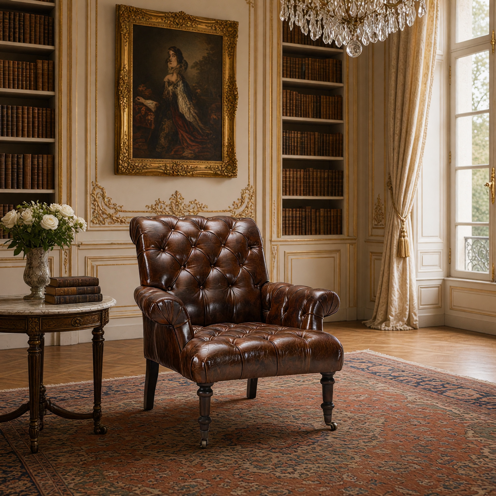 Austin tufted leather armchair styled in a Louis XVI library with bookshelves and an antique Persian carpet