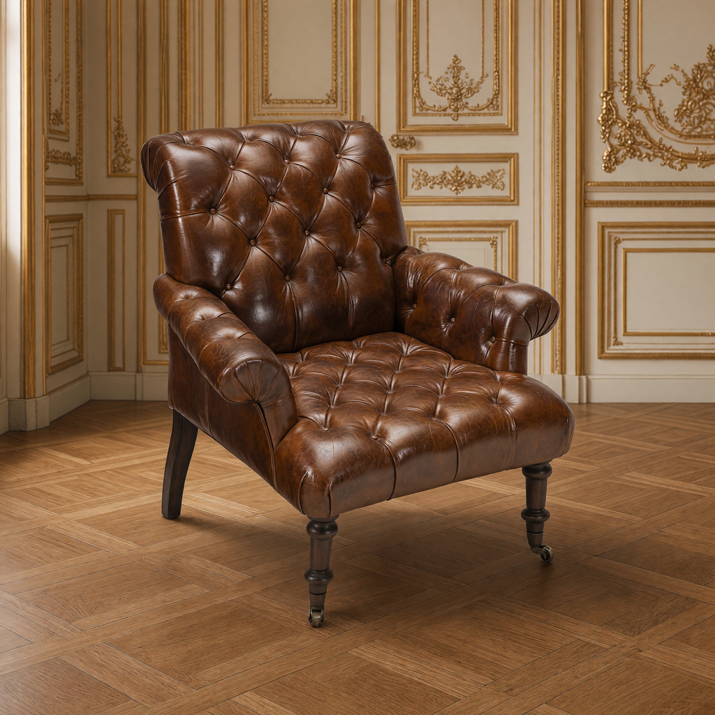 Austin tufted leather armchair three-quarter view from the right