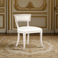 Ayer Klismos Carved Wood Side Chair in Off-White Cotton, Birch, three-quarter view in a French salon on an antique Aubusson carpet