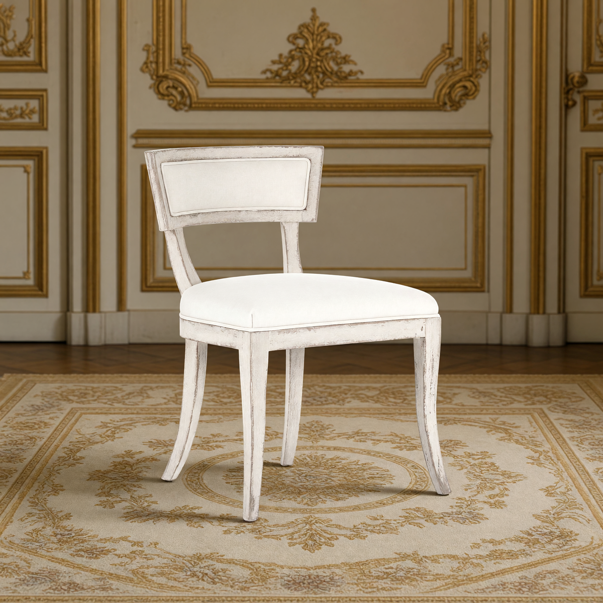 Ayer Klismos Carved Wood Side Chair in Off-White Cotton, Birch, three-quarter view in a French salon on an antique Aubusson carpet