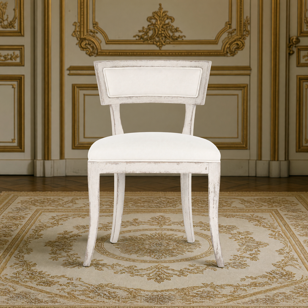 Ayer Klismos Carved Wood Side Chair in Off-White Cotton, Birch, front view in a French salon on an Aubusson carpet