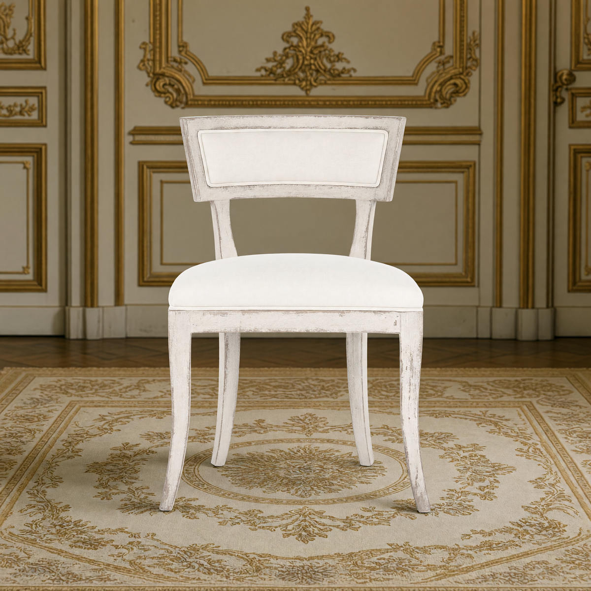 Ayer Klismos Carved Wood Side Chair in Off-White Cotton, Birch, front view in a French salon on an Aubusson carpet