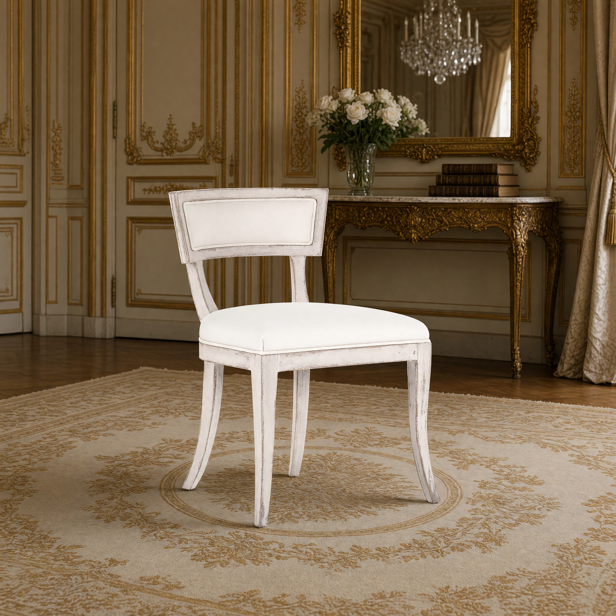 Ayer Klismos Carved Wood Side Chair in Off-White Cotton, Birch, styled in a French salon with a marble-top console and gilded mirror