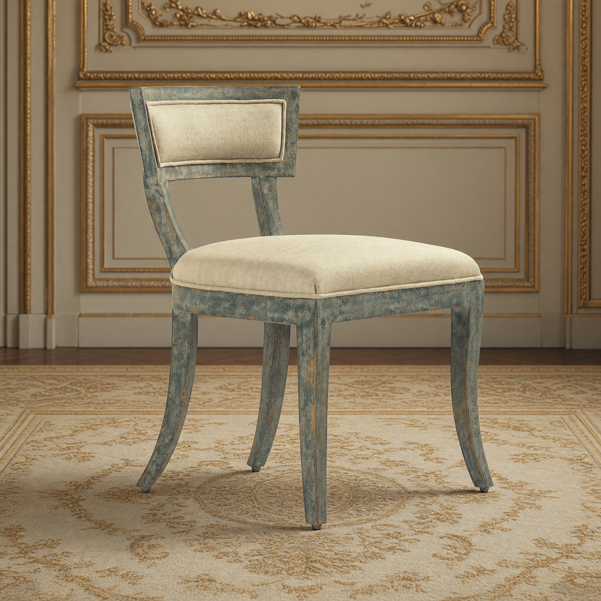 Ayer Klismos Carved Wood Side Chair in Sage Green Mixed Linen Cotton, Birch, three-quarter view in a French salon on an antique Aubusson carpet