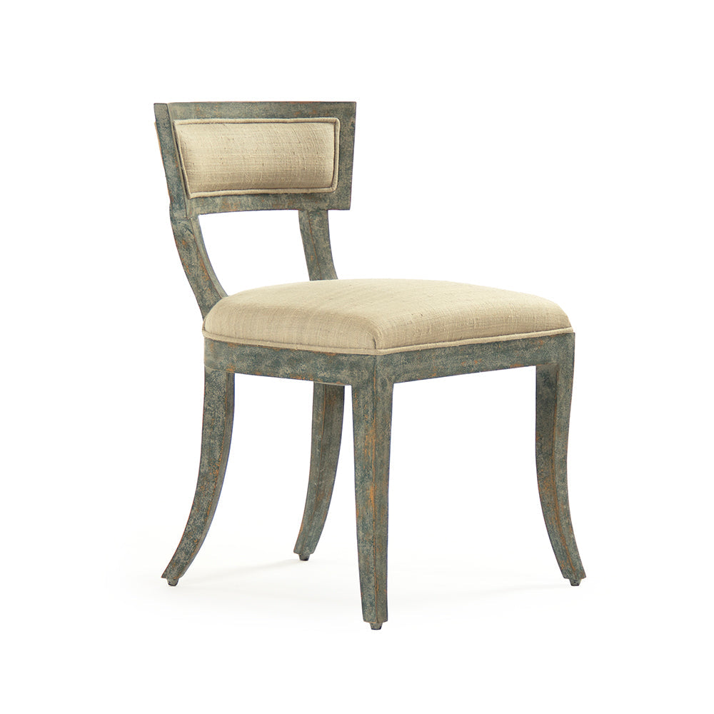 Ayer Klismos Carved Wood Side Chair in Sage Green Mixed Linen Cotton, Birch, studio photo 1 of 4 on a white background