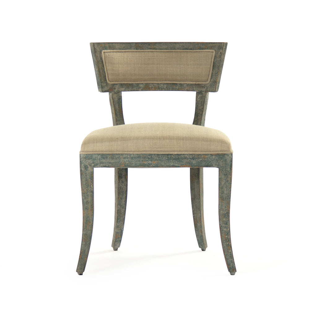 Ayer Klismos Carved Wood Side Chair in Sage Green Mixed Linen Cotton, Birch, studio photo 3 of 4 on a white background
