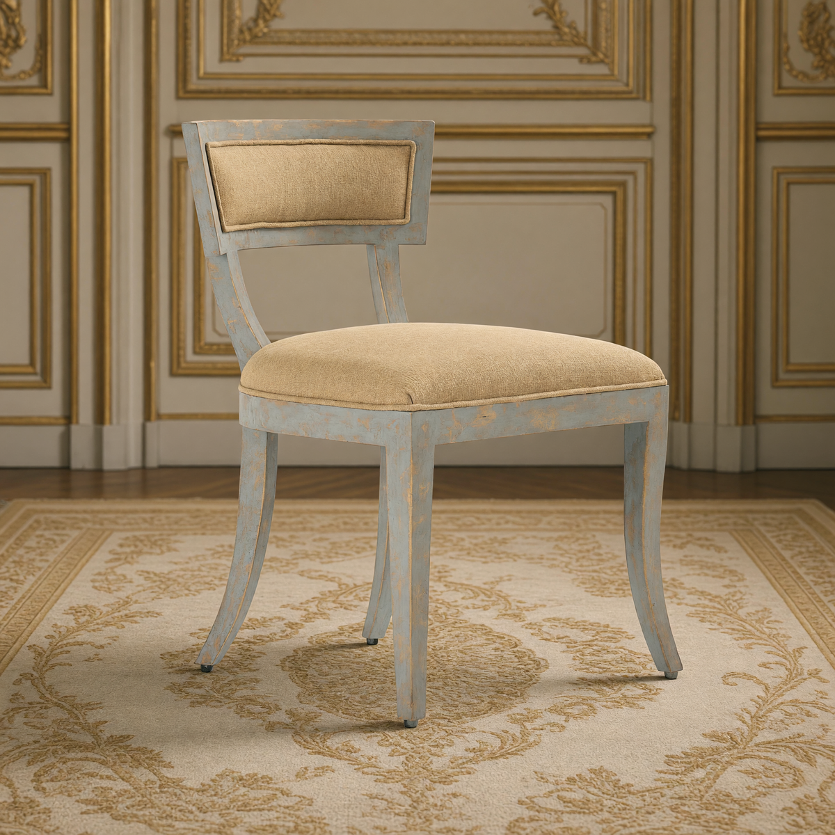 Ayer Klismos Carved Wood Side Chair in Tan Mixed Linen Cotton, Birch, three-quarter view in a French salon on an antique Aubusson carpet