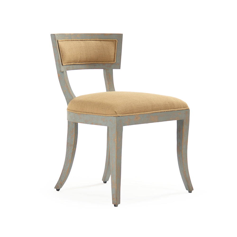 Ayer Klismos Carved Wood Side Chair in Tan Mixed Linen Cotton, Birch, studio photo 1 of 4 on a white background