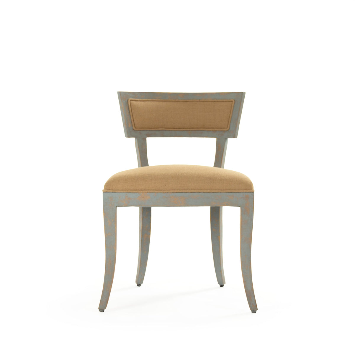 Ayer Klismos Carved Wood Side Chair in Tan Mixed Linen Cotton, Birch, studio photo 2 of 4 on a white background