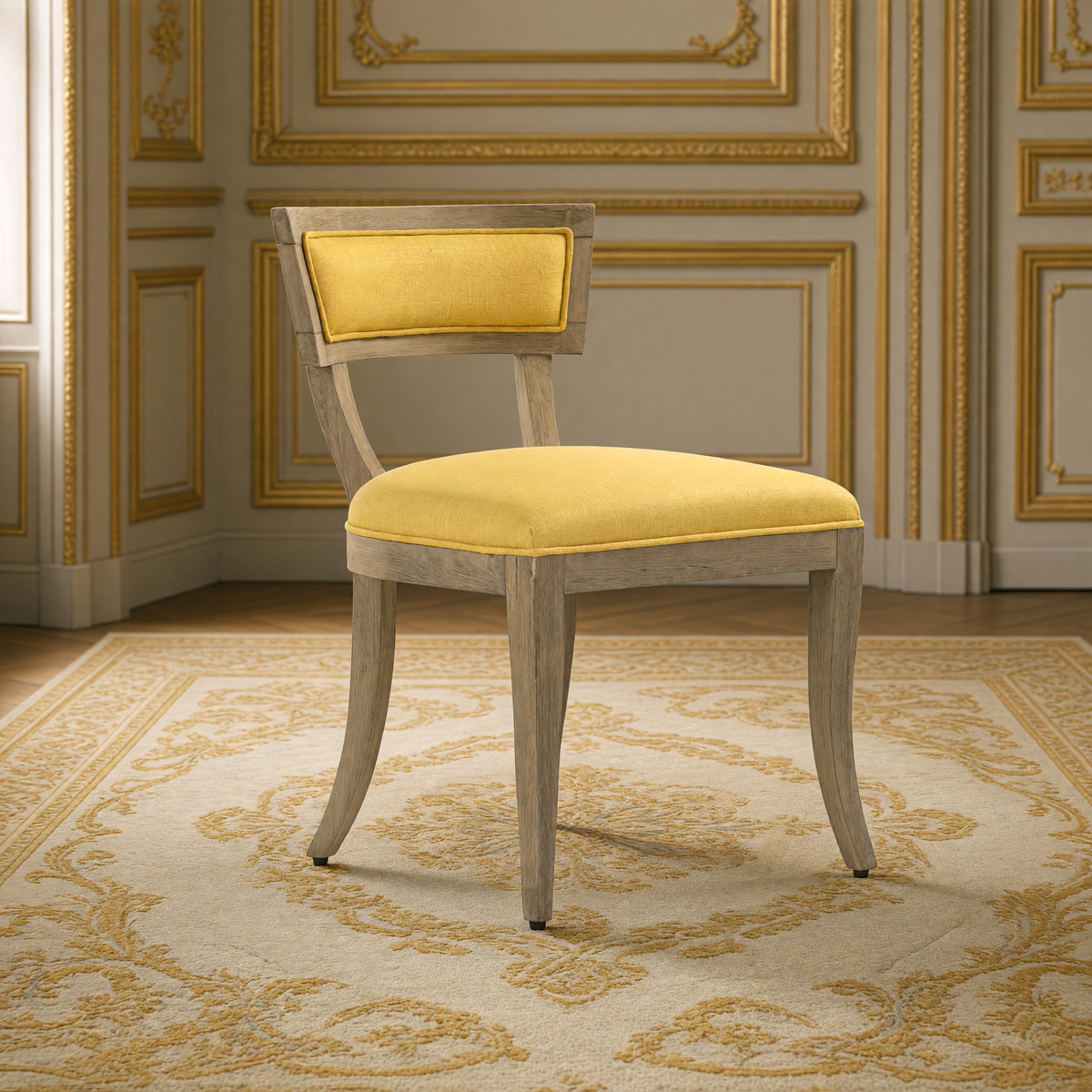 Ayer Klismos Carved Wood Side Chair in Yellow Raw Silk, Elm, three-quarter view in a French salon on an antique Aubusson carpet