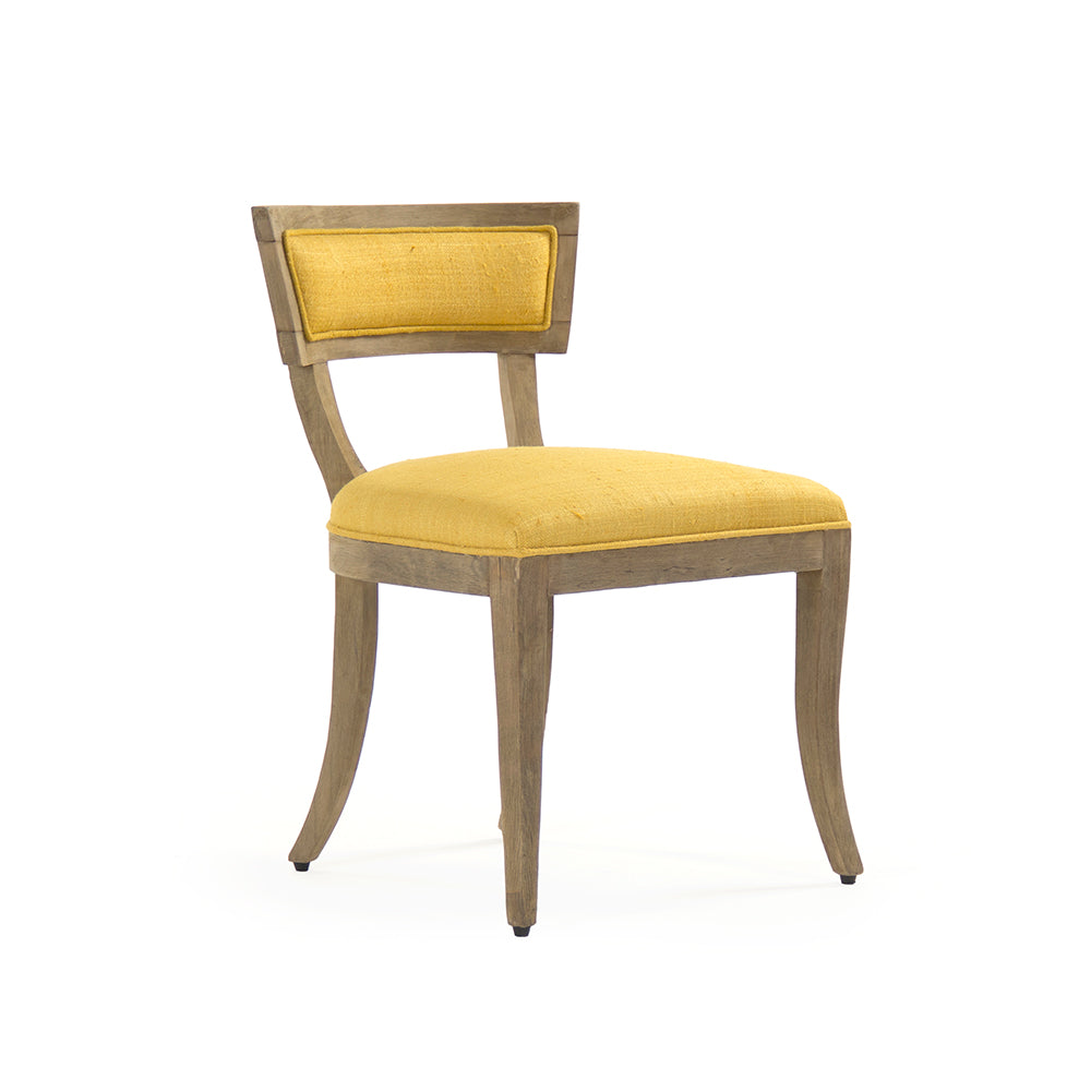 Ayer Klismos Carved Wood Side Chair in Yellow Raw Silk, Elm, studio photo 1 of 3 on a white background