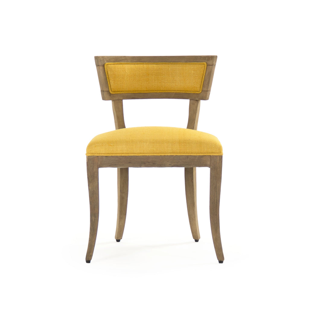 Ayer Klismos Carved Wood Side Chair in Yellow Raw Silk, Elm, studio photo 2 of 3 on a white background