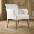 Barrois French tufted linen arm chair in Ivory White Linen on limed grey oak legs, in a gilded Louis XVI salon on an antique Aubusson carpet