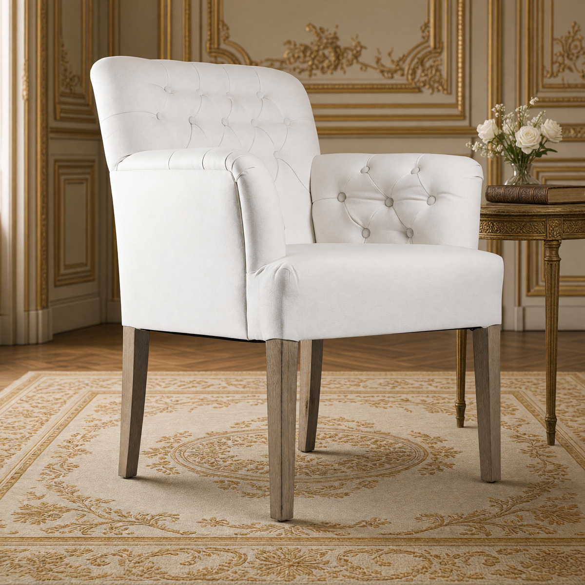 Close view of the Barrois French tufted linen arm chair in Ivory White Linen beside a gilded side table