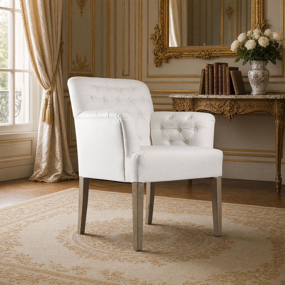Barrois French tufted linen arm chair in Ivory White Linen styled in a French salon with gilded mirror and marble console