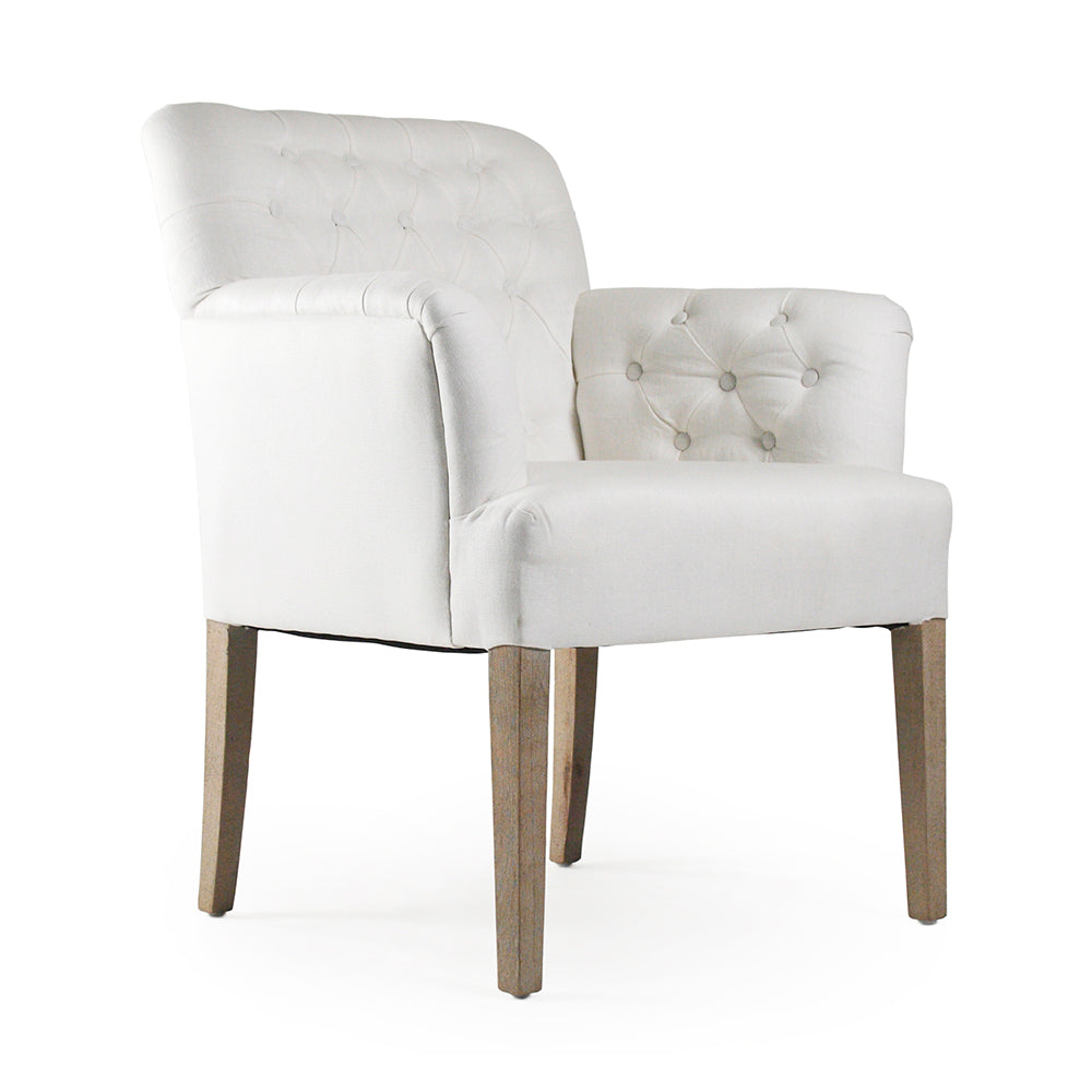 Barrois French Tufted Linen Arm Chair in Ivory White Linen, studio photo 1 of 1 on a white background