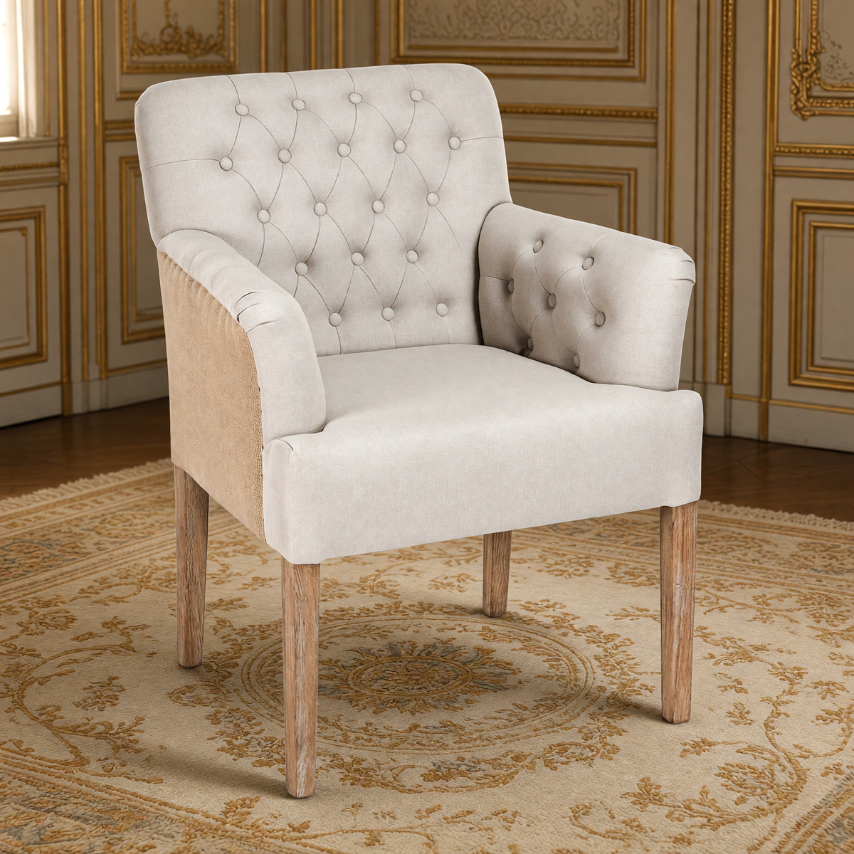 Barrois French tufted linen arm chair in Natural Linen with woven jute back on limed grey oak legs, in a gilded Louis XVI salon on an antique Aubusson carpet
