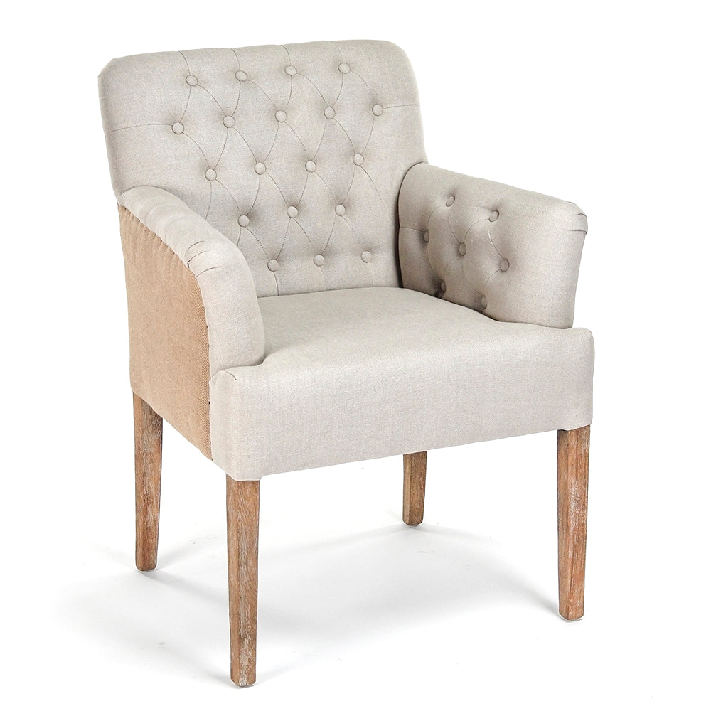 Barrois French Tufted Linen Arm Chair in Natural Linen, Jute Back, studio photo 1 of 1 on a white background