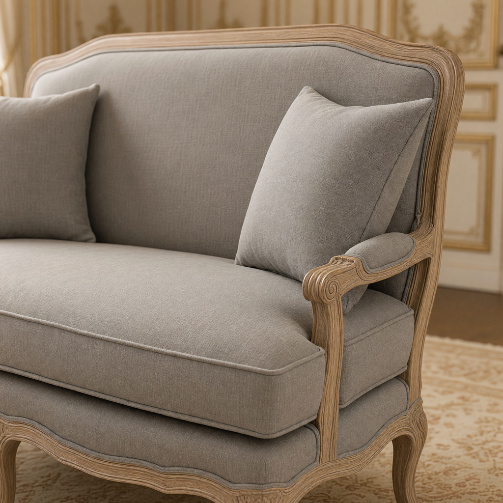 Close view of the carved scroll arm and warm taupe linen of the Bastille settee