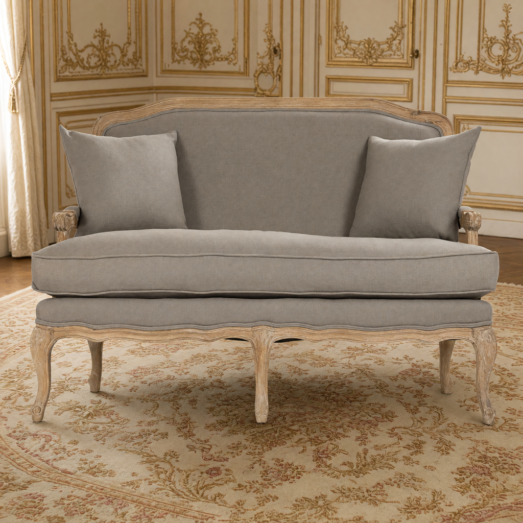 Front view of the Bastille settee in warm taupe linen