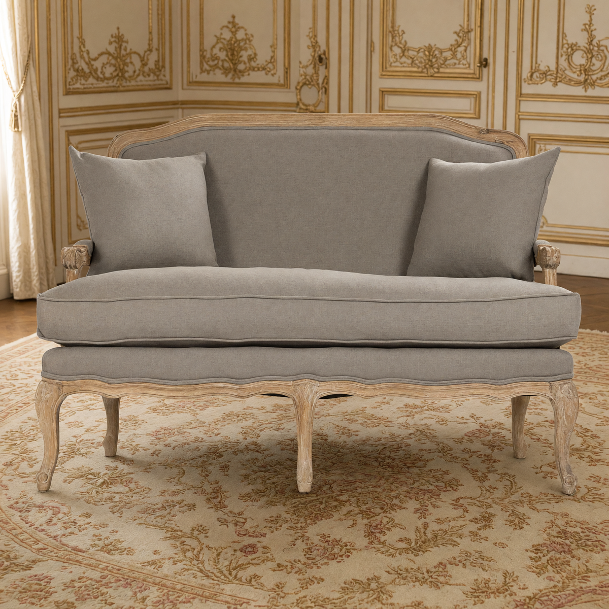 Front view of the Bastille settee in warm taupe linen