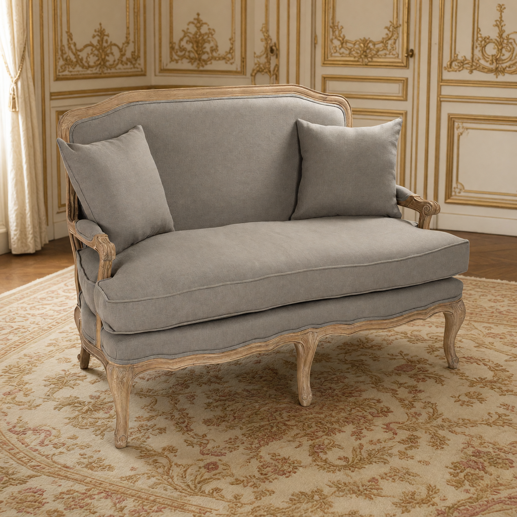 Bastille French linen settee in warm taupe in an ivory and gold Louis XV room