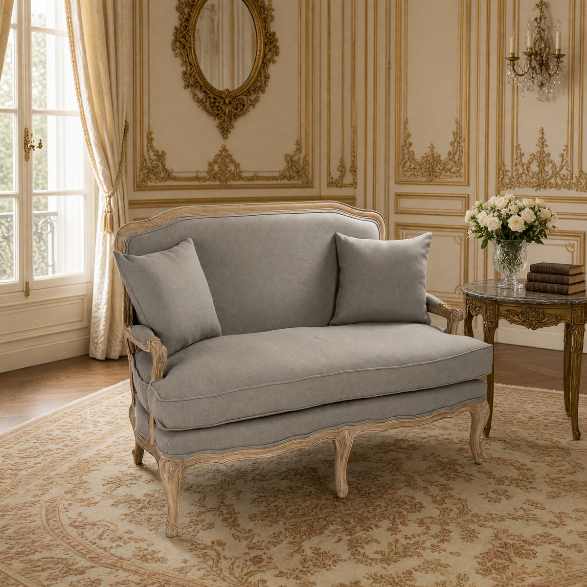 Bastille settee styled beneath a gilded oval mirror beside a marble side table with white roses
