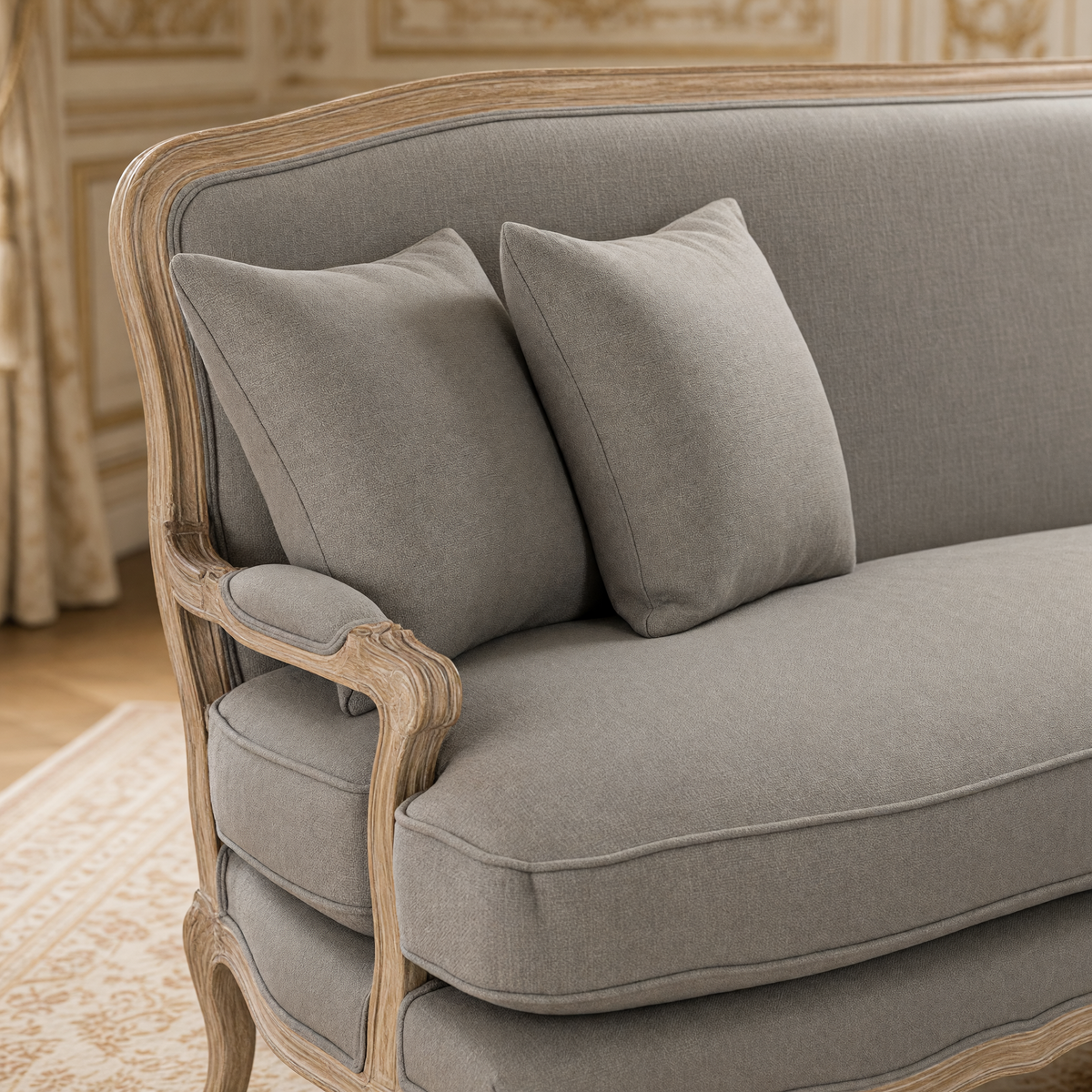 Close view of the carved scroll arm and warm taupe linen of the Bastille sofa