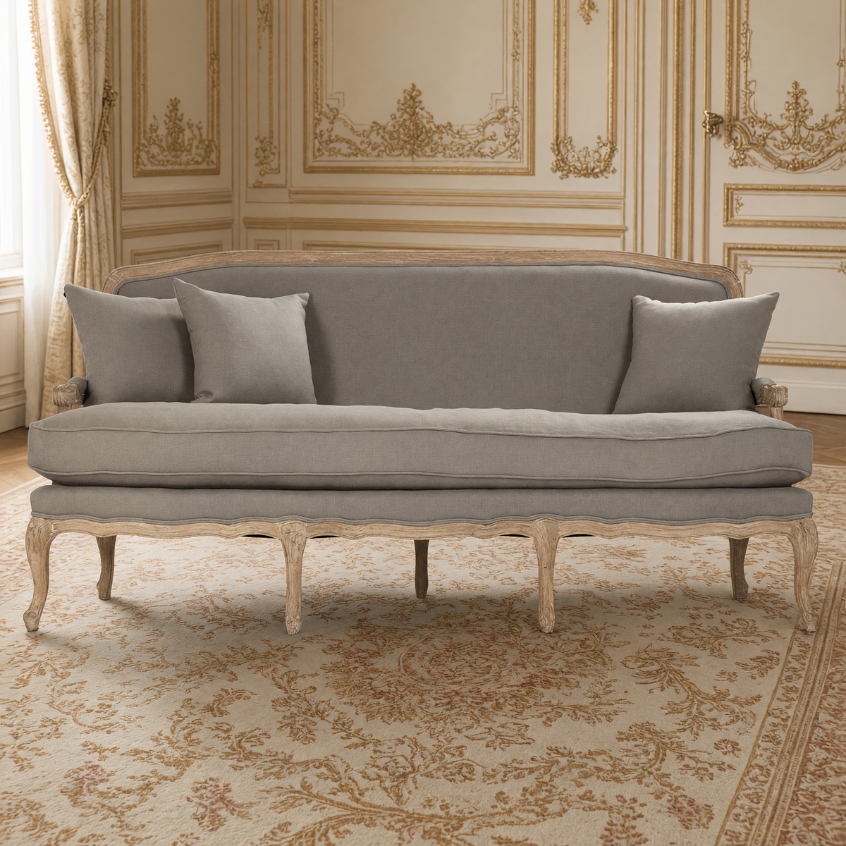 Front view of the Bastille sofa in warm taupe linen