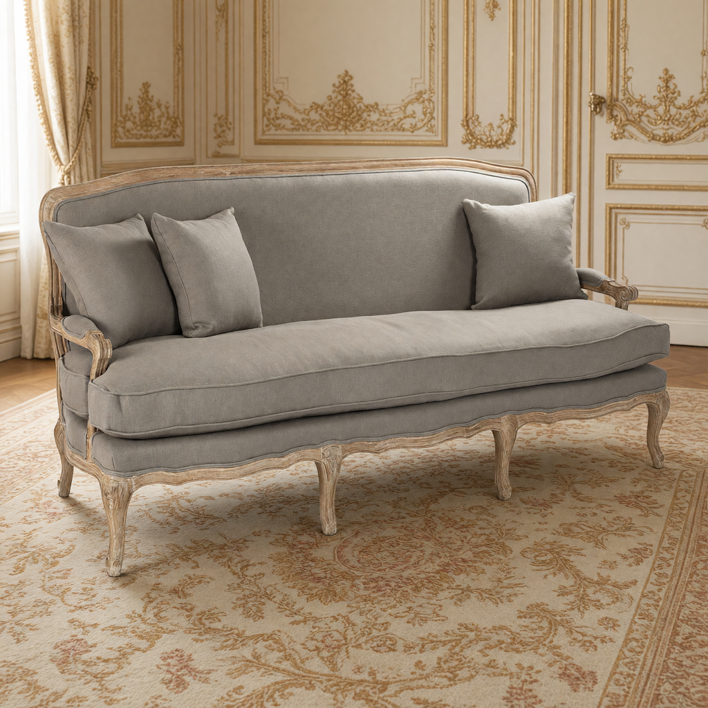 Bastille French linen sofa in warm taupe in an ivory and gold Louis XV salon