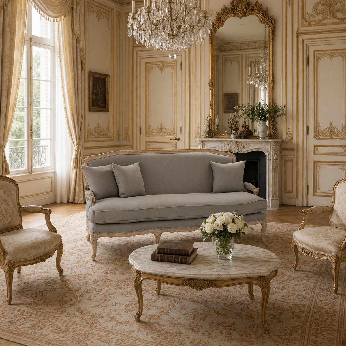 Bastille sofa styled in a French salon with gilded bergere chairs and a marble table