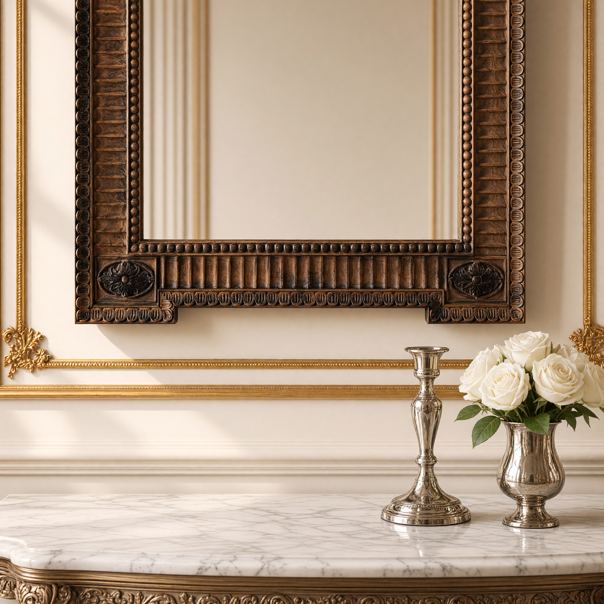 Close view of the fluted frame and floral corner medallions of the Beaumont European carved elm wood wall mirror in antique brown