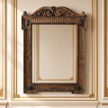 Beaumont European carved elm wood wall mirror in antique brown, hanging in a warm ivory Louis XVI boiserie salon
