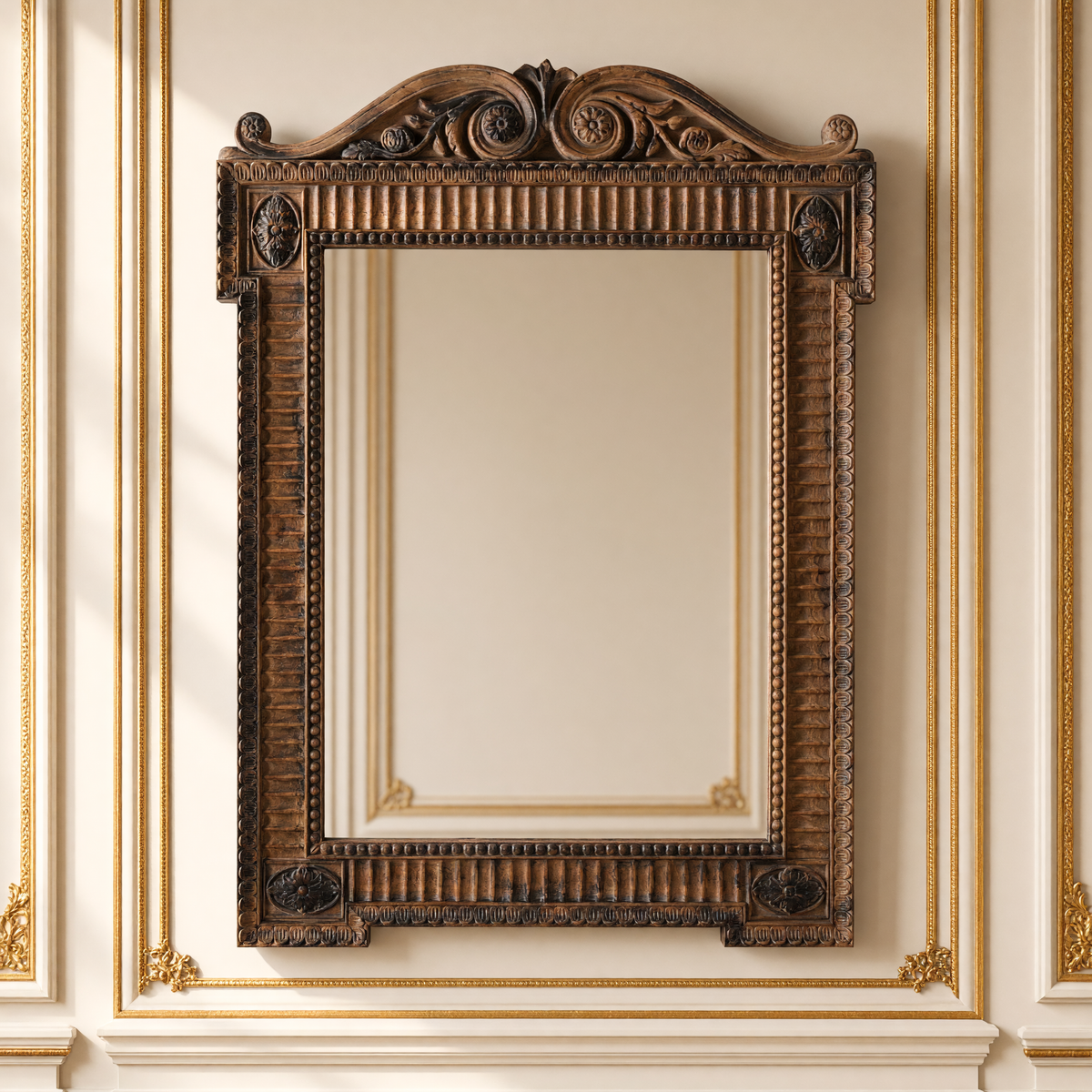 Beaumont European carved elm wood wall mirror in antique brown, hanging in a warm ivory Louis XVI boiserie salon