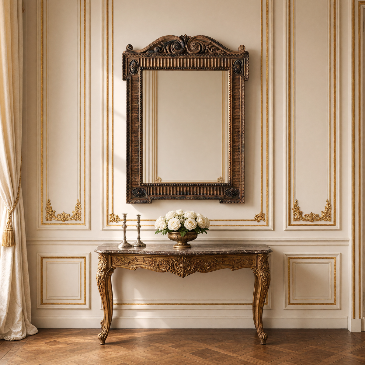 Beaumont European carved elm wood wall mirror in antique brown, styled above a marble-top console with candlesticks and white roses