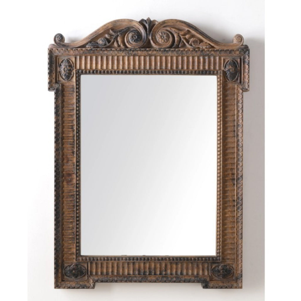 Beaumont European Carved Elm Wood Wall Mirror in Antique Brown, studio photo 1 of 1 on a white background