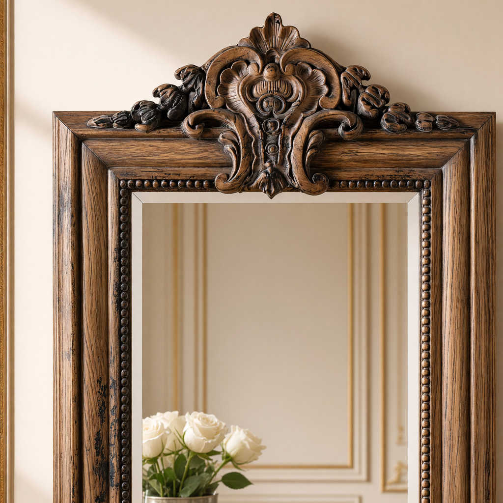 Close view of the carved floral crest and beaded edge of the Bellamy European carved elm wood beveled mirror in distressed natural