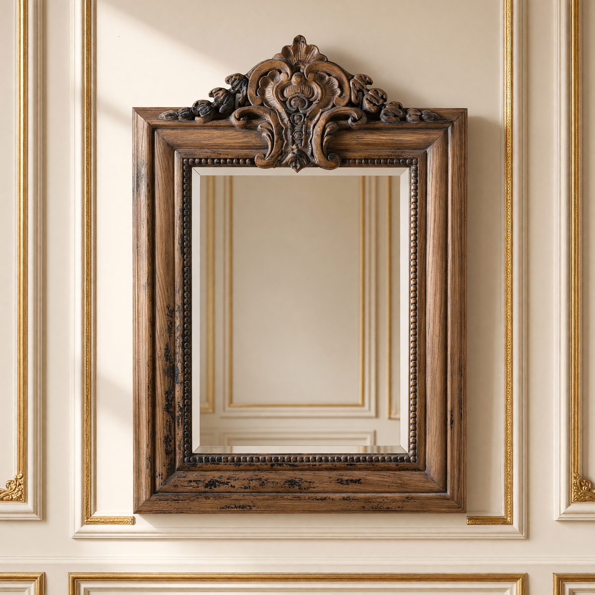 Bellamy European carved elm wood beveled mirror in distressed natural, hanging in a warm ivory Louis XVI boiserie salon