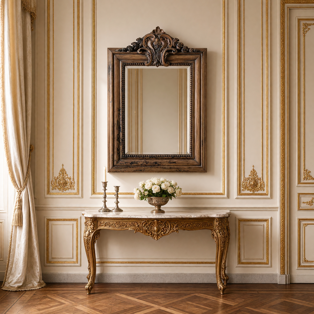 Bellamy European carved elm wood beveled mirror in distressed natural, styled above a marble-top console with candlesticks and white roses