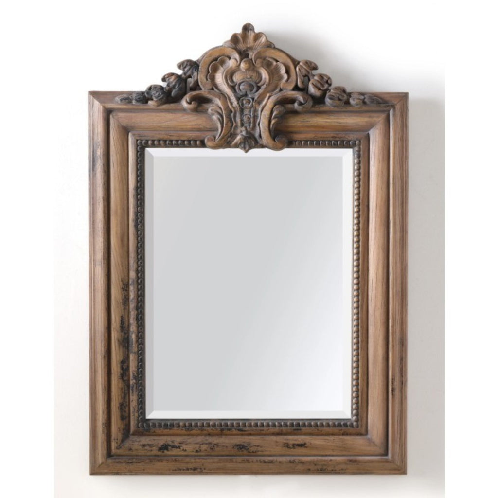 Bellamy European Carved Elm Wood Beveled Mirror in Distressed Natural, studio photo 1 of 1 on a white background