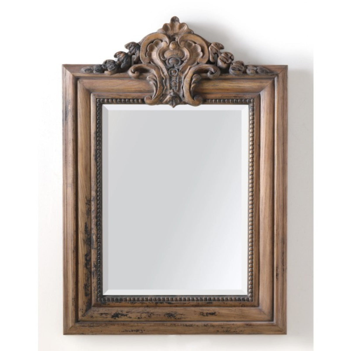 Bellamy European Carved Elm Wood Beveled Mirror in Distressed Natural, studio photo 1 of 1 on a white background