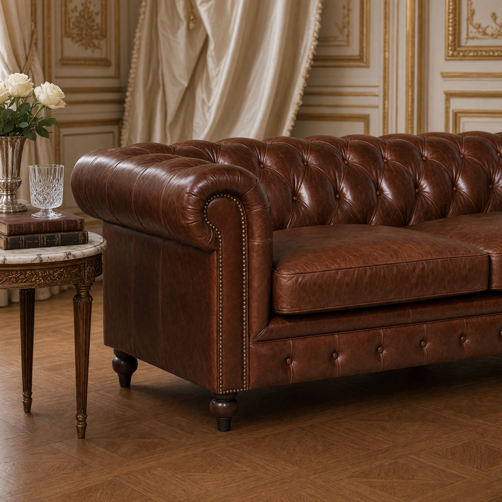 Close view of the rolled arm, hand-tufted back and nailhead trim of the Bromley Chesterfield sofa