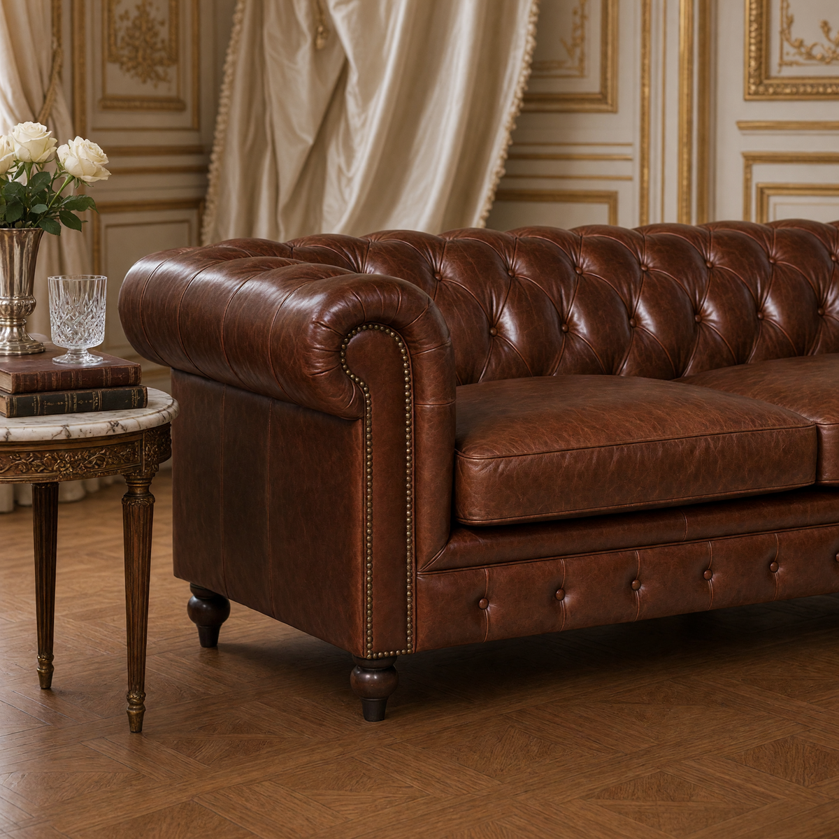 Close view of the rolled arm, hand-tufted back and nailhead trim of the Bromley Chesterfield sofa