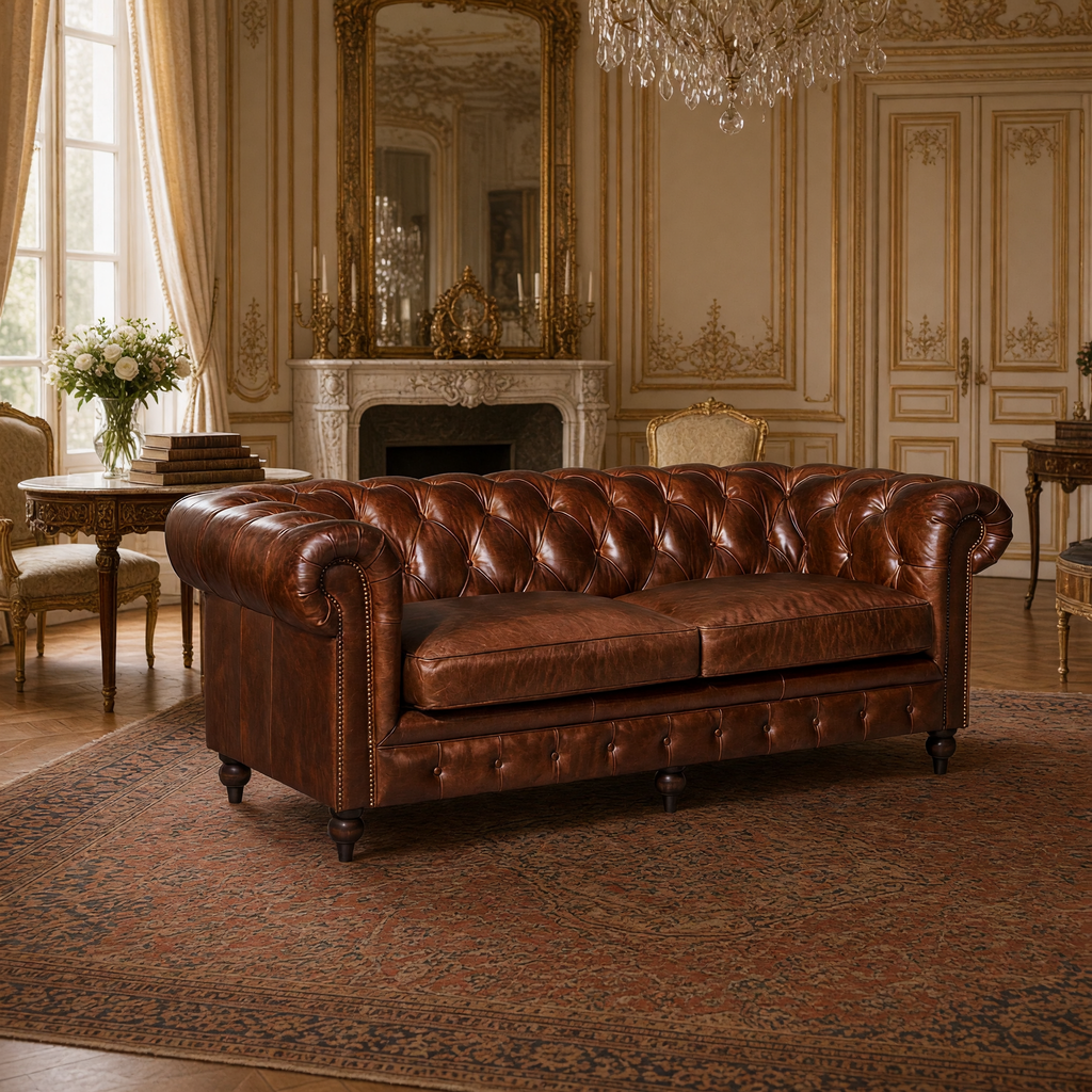 Bromley Chesterfield sofa styled in a Louis XVI salon with a marble mantel, gilded mirror and antique Persian carpet