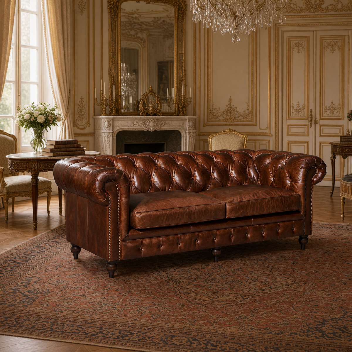 Bromley Chesterfield sofa styled in a Louis XVI salon with a marble mantel, gilded mirror and antique Persian carpet