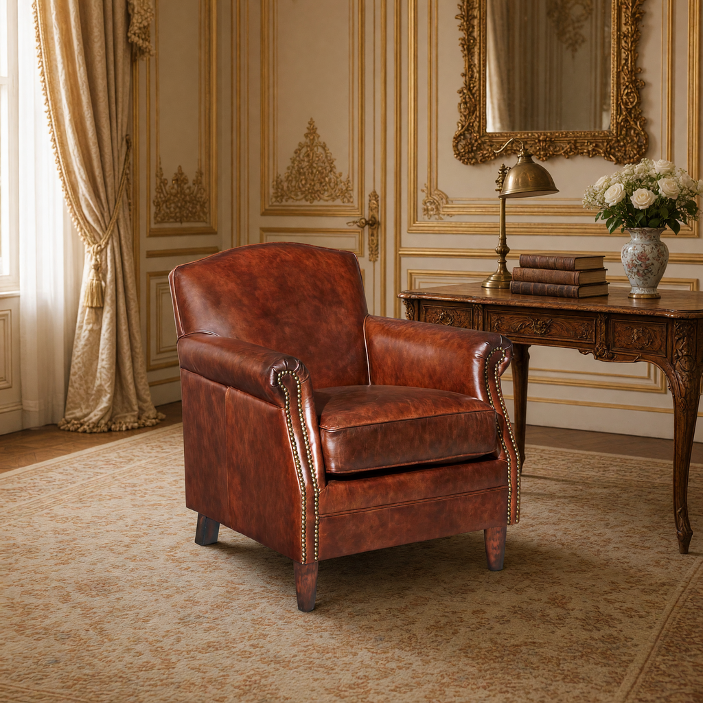 Bromwell club chair beside a carved walnut writing desk with a brass lamp and white roses