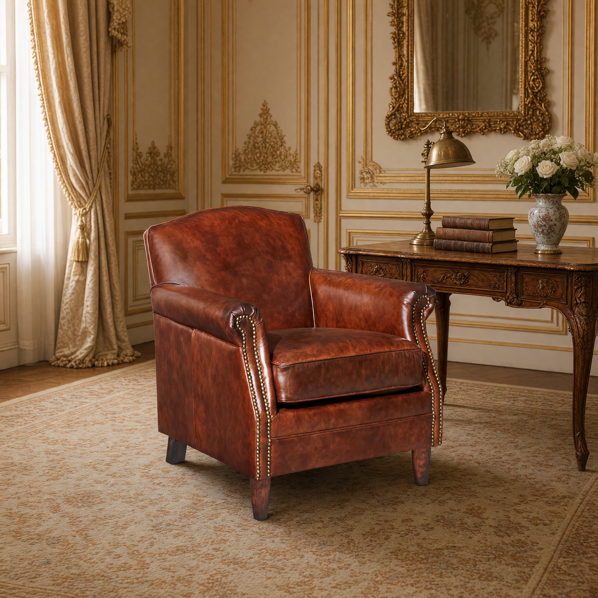 Bromwell club chair beside a carved walnut writing desk with a brass lamp and white roses
