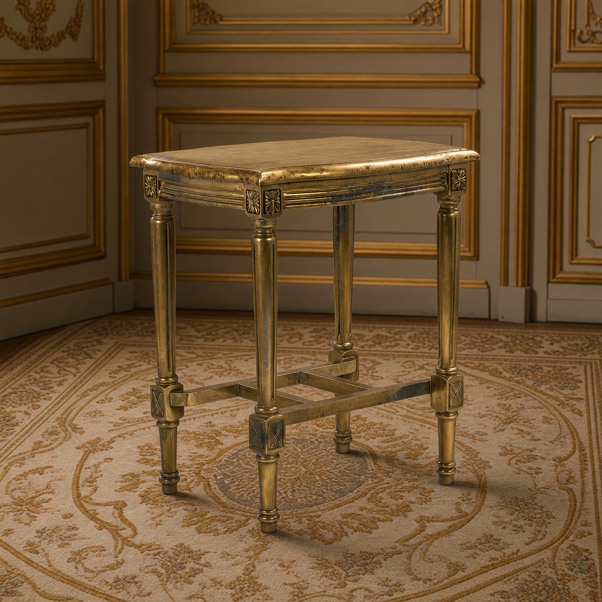 Burkett Louis XVI Gilded Pine Side Table in Antiqued Gold on an antique Aubusson carpet in a taupe boiserie salon