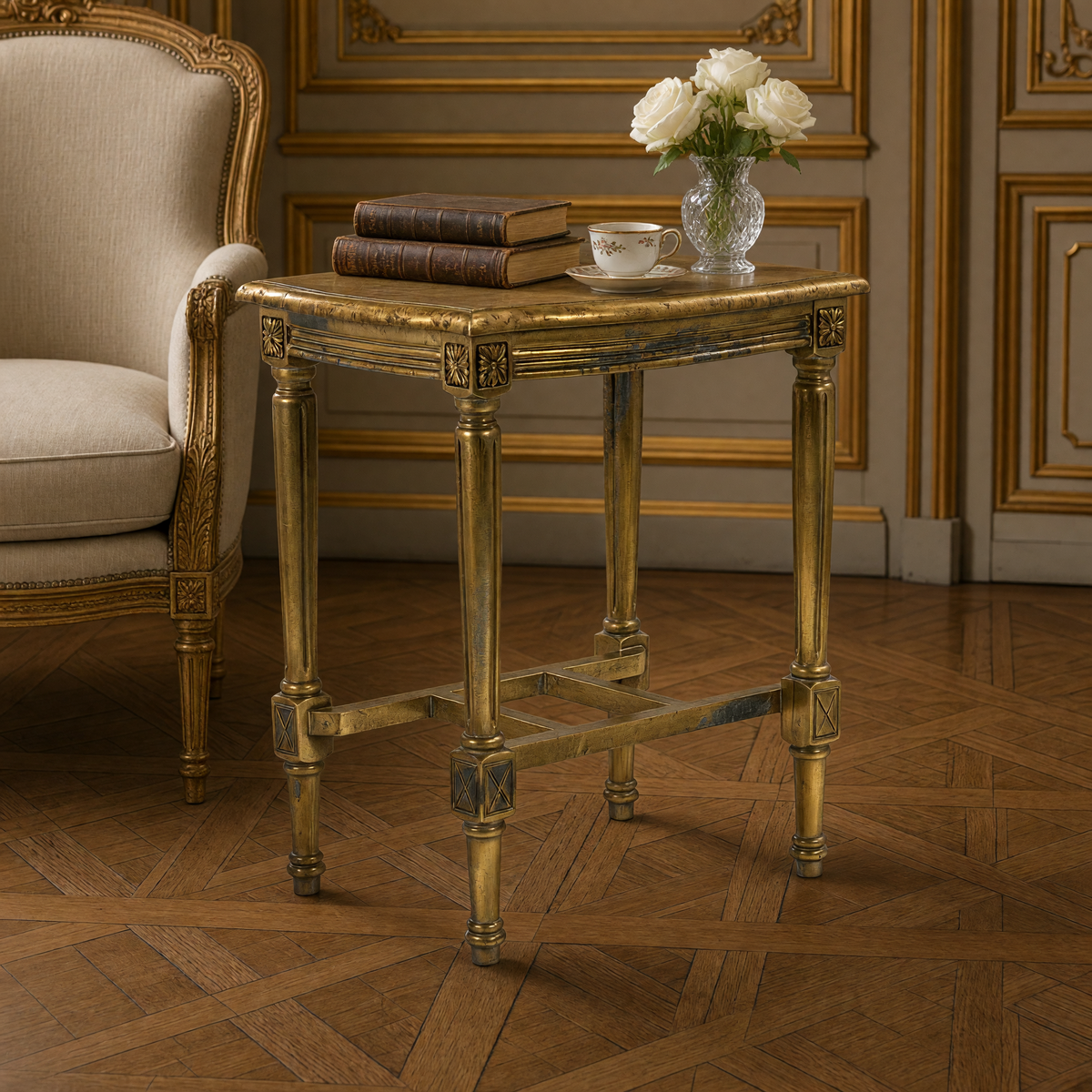 Close view of the carved rosettes and fluted legs of the Burkett Side Table