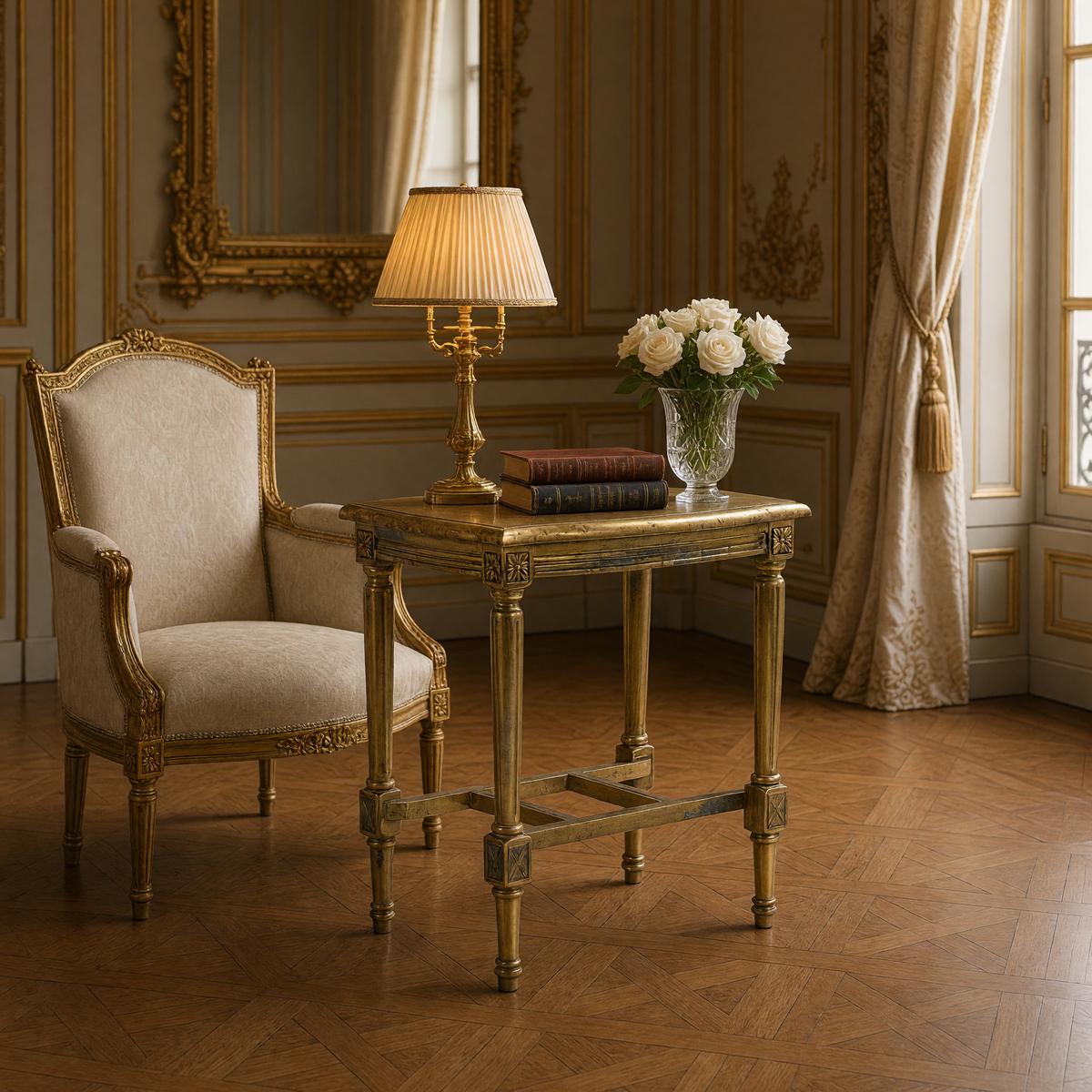 Burkett Side Table styled beside a gilded bergère and lamp in a French salon